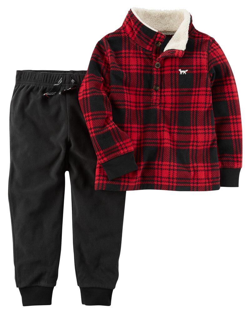 NEW CARTERS BOYS 2 PIECE SET FLEECE OUTFIT RED BLACK PLAID SIZE 3M 6M 24M